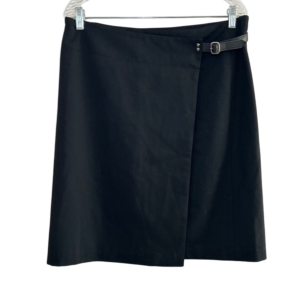 BCBG Max Azria Black Wool Blend Skirt Women's Size 12 Belted Minimal Wrap Career - Picture 1 of 6